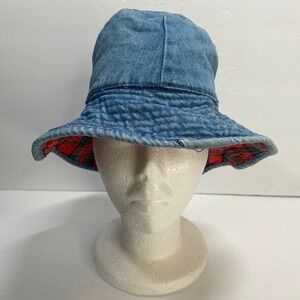 Vintage Y2k Denim Bucket Hat Plaid Lined Retro Casual Cotton Hat 90s